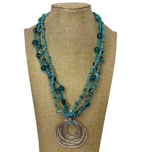 Trisha Waldron Turquoise Beaded Necklace Earring Set Silver Circle Pendant NEW